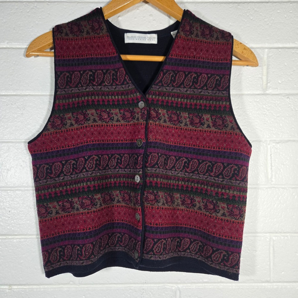 Vtg Petite Sweater Vest Large Petite‎ Merino Wool Paisley Knit Bohemian Grandma